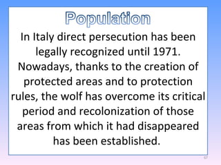 In Italy direct persecution has been legally recognized until 1971. Nowadays, thanks to the creation of protected areas and to protection rules, the wolf has overcome its critical period and recolonization of those areas from which it had disappeared has been established.  