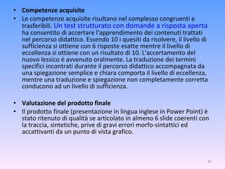 Competenze acquisite Le competenze acquisite risultano nel complesso congruenti e trasferibili.  Un test strutturato con domande a risposta aperta  ha consentito di accertare l'apprendimento dei contenuti trattati nel percorso didattico. Essendo 10 i quesiti da risolvere, il livello di sufficienza si ottiene con 6 risposte esatte mentre il livello di eccellenza si ottiene con un risultato di 10. L'accertamento del nuovo lessico è avvenuto oralmente. La traduzione dei termini specifici incontrati durante il percorso didattico accompagnata da una spiegazione semplice e chiara comporta il livello di eccellenza, mentre una traduzione e spiegazione non completamente corretta conducono ad un livello di sufficienza. Valutazione del prodotto finale Il prodotto finale (presentazione in lingua inglese in Power Point) è stato ritenuto di qualità se articolato in almeno 6 slide coerenti con la traccia, sintetiche, prive di gravi errori morfo-sintattici ed accattivanti da un punto di vista grafico.   