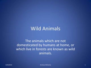 Wild Animals
The animals which are not
domesticated by humans at home, or
which live in forests are known as wild
animals.
3/29/2014 Archana Mohanty 1
 
