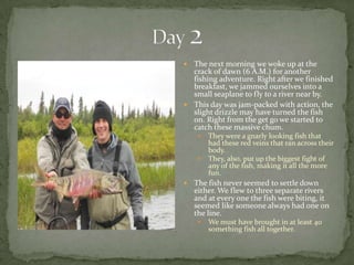 Day 2The next morning we woke up at the crack of dawn (6 A.M.) for another fishing adventure. Right after we finished breakfast, we jammed ourselves into a small seaplane to fly to a river near by.This day was jam-packed with action, the slight drizzle may have turned the fish on. Right from the get go we started to catch these massive chum.They were a gnarly looking fish that had these red veins that ran across their body.They, also, put up the biggest fight of any of the fish, making it all the more fun.The fish never seemed to settle down either. We flew to three separate rivers and at every one the fish were biting, it seemed like someone always had one on the line.We must have brought in at least 40 something fish all together.