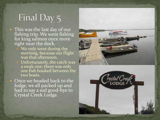     Final Day 5This was the last day of our fishing trip. We went fishing for king salmon once more right near the dock. We only went during the morning, because our flight was that afternoon.Unfortunately, the catch was a weak one; there was only one fish hooked between the two boats.Once we headed back to the lodge, we all packed up and had to say a sad good-bye to Crystal Creek Lodge.
