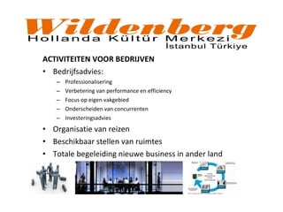ACTIVITEITEN VOOR BEDRIJVEN
• Bedrijfsadvies:
– Professionalisering
– Verbetering van performance en efficiency
– Focus op eigen vakgebied
– Onderscheiden van concurrenten
– Investeringsadvies
• Organisatie van reizen
• Beschikbaar stellen van ruimtes
• Totale begeleiding nieuwe business in ander land
 
