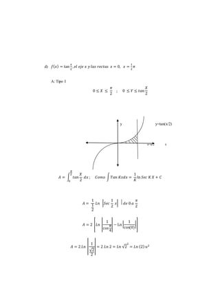 d) 푓(푥) = tan 
푥 
2 
, 푒푙 푒푗푒 푥 푦 푙푎푠 푟푒푐푡푎푠 푥 = 0, 푥 = 
1 
2 
휋 
A: Tipo I 
0 ≤ 푋 ≤ 
휋 
2 
; 0 ≤ 푌 ≤ 푡푎푛 
푋 
2 
y y=tan(x/2) 
x=π/2 x 
퐴 = ∫ 푡푎푛 
푋 
2 
휋 
2 
0 
푑푥 ; 퐶표푚표 ∫ 푇푎푛 퐾푥푑푥 = 
1 
퐾 
ln 푆푒푐 퐾 푋 + 퐶 
퐴 = 
1 
1 
2 
퐿푛 |푆푒푐 
1 
2 
푥| ⃒ 푑푒 0 푎 
휋 
2 
1 
cos 
퐴 = 2 [퐿푛 | 
휋 
4 
| − Ln | 
1 
cos(0) 
|] 
퐴 = 2 퐿푛 | 
1 
√2 
2 
2 
= 퐿푛 (2) 푢2 
| = 2 퐿푛 2 = 퐿푛 √2 
 