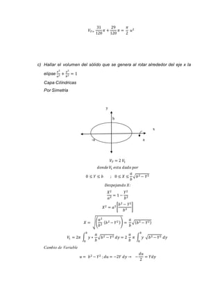 푉푇= 
31 
120 
휋 + 
29 
120 
휋 = 
휋 
2 
푢2 
c) Hallar el volumen del sólido que se genera al rotar alrededor del eje x la 
elipse 
푥2 
푎2 + 푦2 
푏2 = 1 
Capa Cilíndricas 
Por Simetría 
y 
b 
x 
-a a 
푉푇 = 2 푉1 
푑표푛푑푒 푉1 푒푠푡푎 푑푎푑표 푝표푟 
0 ≤ 푌 ≤ 푏 ; 0 ≤ 푋 ≤ 
푎 
푏 
√푏2 − 푌2 
퐷푒푠푝푒푗푎푛푑표 푋: 
푋2 
푌2 
= 1 − 
푎2 푏2 
푋2 = 푎2 [ 
푏2 − 푌2 
푏2 ] 
푎2 
푏2 (푏2 − 푌2 )) = 
푋 = √( 
푎 
푏 
√(푏2 − 푌2) 
푉1 = 2휋 ∫ 푦 ∗ 
푎 
푏 
푏 
0 
√푏2 − 푌2 푑푦 = 2 
푎 
푏 
푏 
휋 ∫ 푦 
0 
√푏2 − 푌2 푑푦 
Cambio de Variable 
푢 = 푏2 − 푌2 ; 푑푢 = −2푌 푑푦 → − 
푑푢 
2 
= 푌푑푦 
 