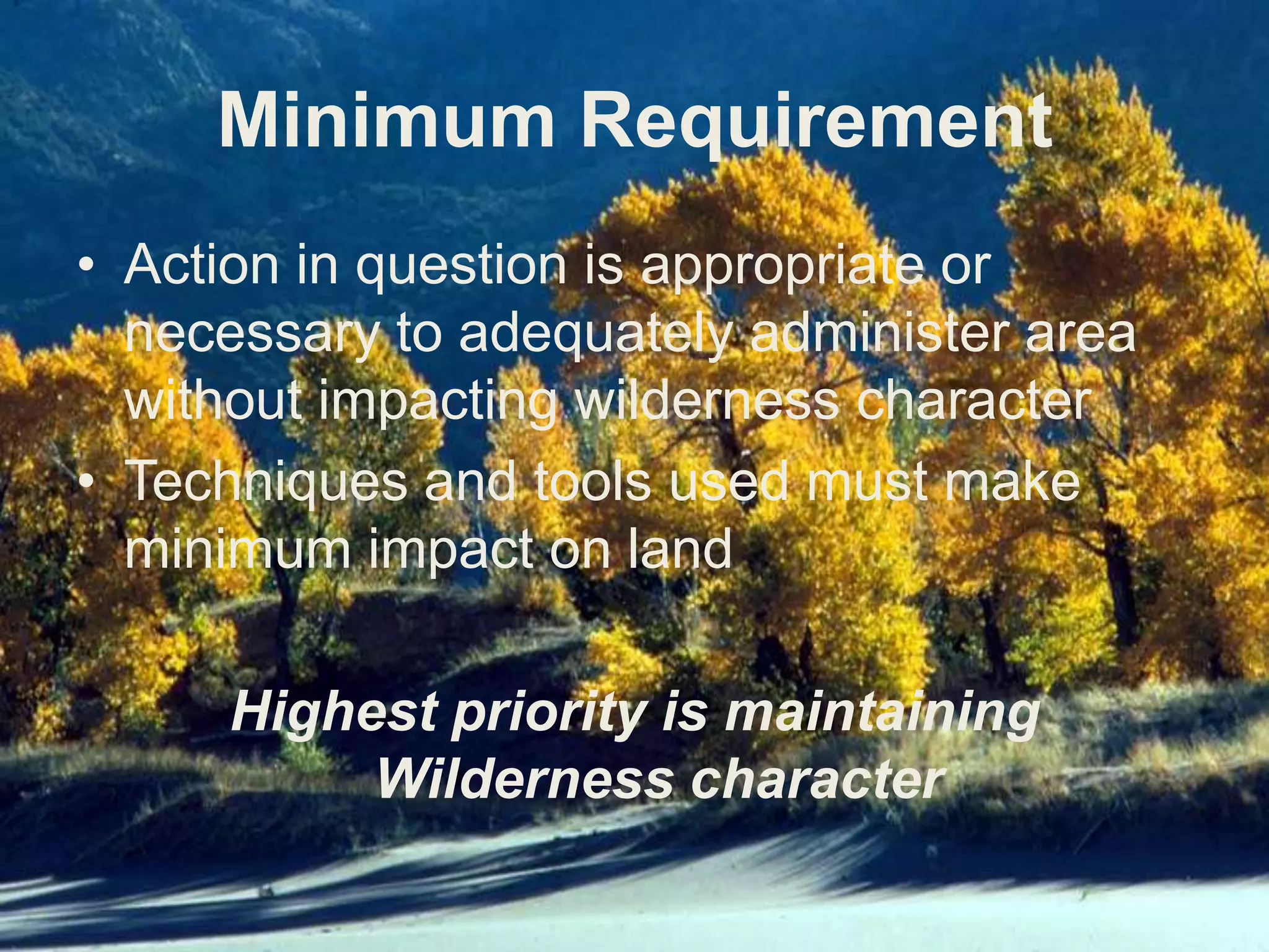 US Forest Service (FS)Established in 1905To sustain the health, diversity, and productivity of the Nation’s forests to meet the needs of present & future generations419 Wilderness Areas 33 % of land in NWPS