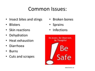 Common Issues:
• Insect bites and stings
• Blisters
• Skin reactions
• Dehydration
• Heat exhaustion
• Diarrhoea
• Burns
• Cuts and scrapes
• Broken bones
• Sprains
• Infections
www.brocku.ca
 