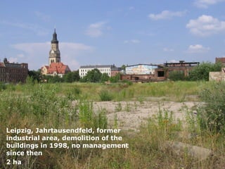 Leipzig, Jahrtausendfeld, former
industrial area, demolition of the
buildings in 1998, no management
since then
2 ha
 