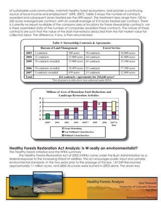 of sustainable rural communities, maintain healthy forest ecosystems, and provide a continuing
source of local income and employment” (HFR, 2007). Table 3 shows the number of contracts
awarded and subsequent acres treated per the HFR report. The treatment sizes range from 150 to
650 acres averaged per contract, with an overall average of 512 acres treated per contract. There
is currently no report available of the company sizes or locations for these stewardship contracts, nor
is there assembled data of the number of companies awarded these contracts. The nature of these
contracts are such that the value of the slash harvested is deducted from the fair market value for
collection labor. The difference, if any, is then renumerated.




Healthy Forests Restoration Act Analysis: Is W really an environmentalist?
The Healthy forests initiative and the HFRA summary
      The Healthy Forests Restoration Act of 2003 (HFRA) came under the Bush Administration as a
federal response to the increasing threat of wildﬁres. This act enourages public input and upholds
environmental standards. In the two years prior to the passage of this law, 147,049 ﬁres burned
approximately 11 million acres, and 6800 structures were burned in 2003 alone. The seven key
 