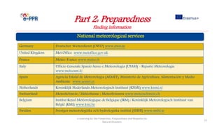 Part 2: Preparedness
Finding information
e-Learning for the Prevention, Preparedness and Response to
Natural Disasters
12
Germany Deutscher Wetterdienst (DWD) www.dwd.de
United Kingdom Met Office www.metoffice.gov.uk
France Météo-France www.meteo.fr
Italy Ufficio Generale Spazio Aereo e Meteorologia (USAM) - Reparto Meteorologia
www.meteoam.it/
Spain Agencia Estatal de Meteorología (AEMET), Ministerio de Agricultura, Alimentación y Medio
Ambiente www.aemet.es
Netherlands Koninklijk Nederlands Meteorologisch Instituut (KNMI) www.knmi.nl
Switzerland MeteoSchweiz / MétéoSuisse / MeteoSvizzera www.meteoschweiz.ch
Belgium Institut Royal Météorologique de Belgique (IRM) / Koninklijk Meteorologisch Instituut van
België (KMI) www.kmi.be
Sweden Sveriges meteorologiska och hydrologiska institut (SMHI) www.smhi.se
 