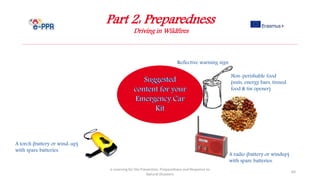Part 2: Preparedness
Driving in Wildfires
e-Learning for the Prevention, Preparedness and Response to
Natural Disasters
64
Reflective warning sign
Non-perishable food
(nuts, energy bars, tinned
food & tin opener)
A torch (battery or wind-up)
with spare batteries.
A radio (battery or windup)
with spare batteries.
 