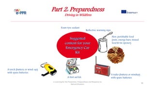 Part 2: Preparedness
Driving in Wildfires
e-Learning for the Prevention, Preparedness and Response to
Natural Disasters
66
A first aid kit.
Reflective warning sign
Non-perishable food
(nuts, energy bars, tinned
food & tin opener)
A torch (battery or wind-up)
with spare batteries.
A radio (battery or windup)
with spare batteries.
Foam tyre sealant
 