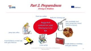 Part 2: Preparedness
Driving in Wildfires
e-Learning for the Prevention, Preparedness and Response to
Natural Disasters
67
A first aid kit.
Reflective warning sign
Non-perishable food
(nuts, energy bars, tinned
food & tin opener)
A torch (battery or wind-up)
with spare batteries.
A radio (battery or windup)
with spare batteries.
Foam tyre sealant
Jump start cables
 