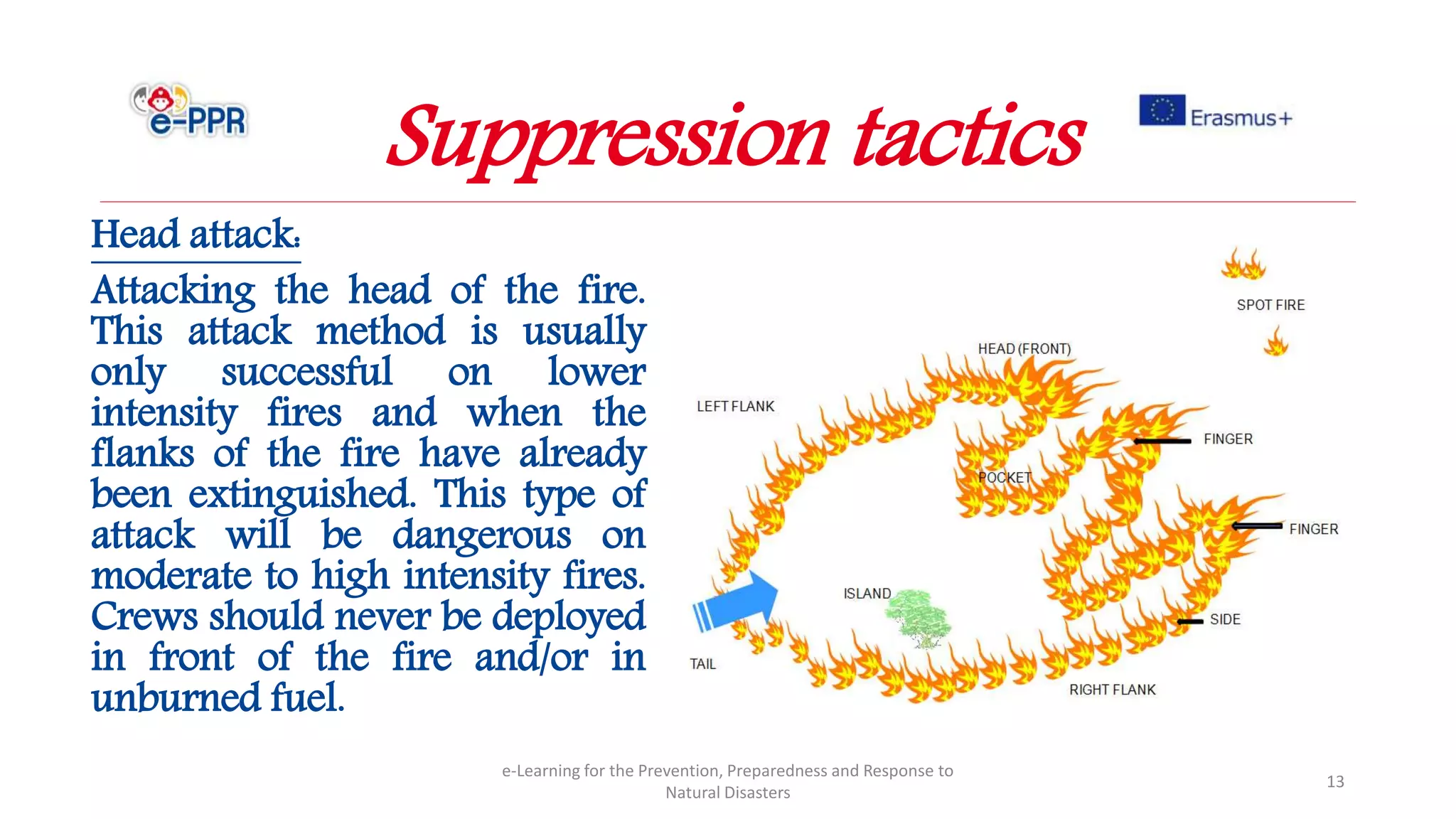 Head attack:
Attacking the head of the fire.
This attack method is usually
only successful on lower
intensity fires and when the
flanks of the fire have already
been extinguished. This type of
attack will be dangerous on
moderate to high intensity fires.
Crews should never be deployed
in front of the fire and/or in
unburned fuel.
e-Learning for the Prevention, Preparedness and Response to
Natural Disasters
13
Suppression tactics
 