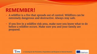 REMEMBER!
• A wildfire is a fire that spreads out of control. Wildfires can be
extremely dangerous and destructive. Always stay safe.
• If you live in a wildfire risk area, make sure you know what to do
before a wildfire occurs. Make sure you and your family are
prepared.
e-Learning for the Prevention, Preparedness and Response to Natural Disasters
 