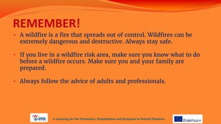 REMEMBER!
• A wildfire is a fire that spreads out of control. Wildfires can be
extremely dangerous and destructive. Always stay safe.
• If you live in a wildfire risk area, make sure you know what to do
before a wildfire occurs. Make sure you and your family are
prepared.
• Always follow the advice of adults and professionals.
e-Learning for the Prevention, Preparedness and Response to Natural Disasters
 