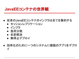 JavaEEコンテナの世界観
● 従来のJavaEEコンテナのインフラは全てを集約する
● セッションレプリケーション
● クラスタ
● 負荷分散
● 名前解決
● 無停止デプロイ
● 効率化のため一つのシステムに複数のアプリをデプロイ
 