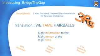Introducing BridgeTheGap 
Unique Benefit: Clean, Scrubbed, Universal Data Warehouse 
for Business Intelligence 
Translation : WE TAME HAIRBALLS 
Right information to the 
Right person at the 
Right time 
 