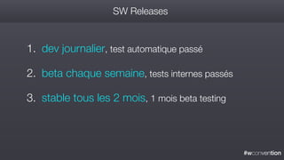 #wconvention
SW Releases
1. dev journalier, test automatique passé
2. beta chaque semaine, tests internes passés
3. stable tous les 2 mois, 1 mois beta testing
 