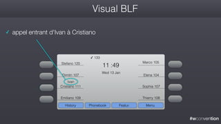 #wconvention
Visual BLF
11 :49
Wed 13 Jan
History Menu
Stefano 120
Dimitri 107
Cristiano 111
Thierry 108Emiliano 109
Elena 104
Sophia 107
Marco 105
✓ 133
Phonebook Featur.
Ivan
✓ appel entrant d'Ivan à Cristiano
 