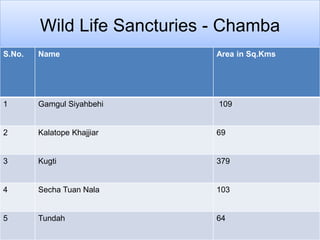 Wild Life Sancturies - Chamba
S.No. Name Area in Sq.Kms
1 Gamgul Siyahbehi 109
2 Kalatope Khajjiar 69
3 Kugti 379
4 Secha Tuan Nala 103
5 Tundah 64
 