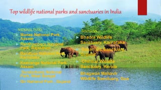 Top wildlife national parks and sanctuaries in India
NATIONAL PARKS
 Manas National Park,
Assam
 Ranthambore National
Park, Rajasthan
 Bandipur National Park,
Karnataka
 Kaziranga National Park,
Assam
 Sundarbans National
Park, West Bengal
 Gir National Park , Gujarat
Sanctuaries
 Bhadra Wildlife
Sanctuary, Karnataka
 Sasan Gir Sanctuary,
Gujarat
 Chinnar Wildlife
Sanctuary, Kerala
 Bhagwan Mahavir
Wildlife Sanctuary, Goa
 