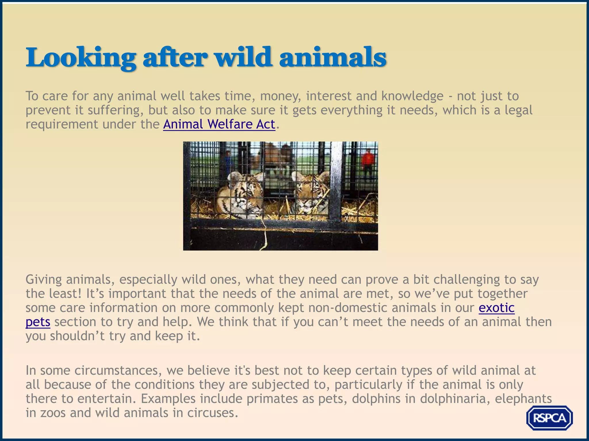 To care for any animal well takes time, money, interest and knowledge - not just to
prevent it suffering, but also to make sure it gets everything it needs, which is a legal
requirement under the Animal Welfare Act.




Giving animals, especially wild ones, what they need can prove a bit challenging to say
the least! It’s important that the needs of the animal are met, so we’ve put together
some care information on more commonly kept non-domestic animals in our exotic
pets section to try and help. We think that if you can’t meet the needs of an animal then
you shouldn’t try and keep it.

In some circumstances, we believe it's best not to keep certain types of wild animal at
all because of the conditions they are subjected to, particularly if the animal is only
there to entertain. Examples include primates as pets, dolphins in dolphinaria, elephants
in zoos and wild animals in circuses.
 