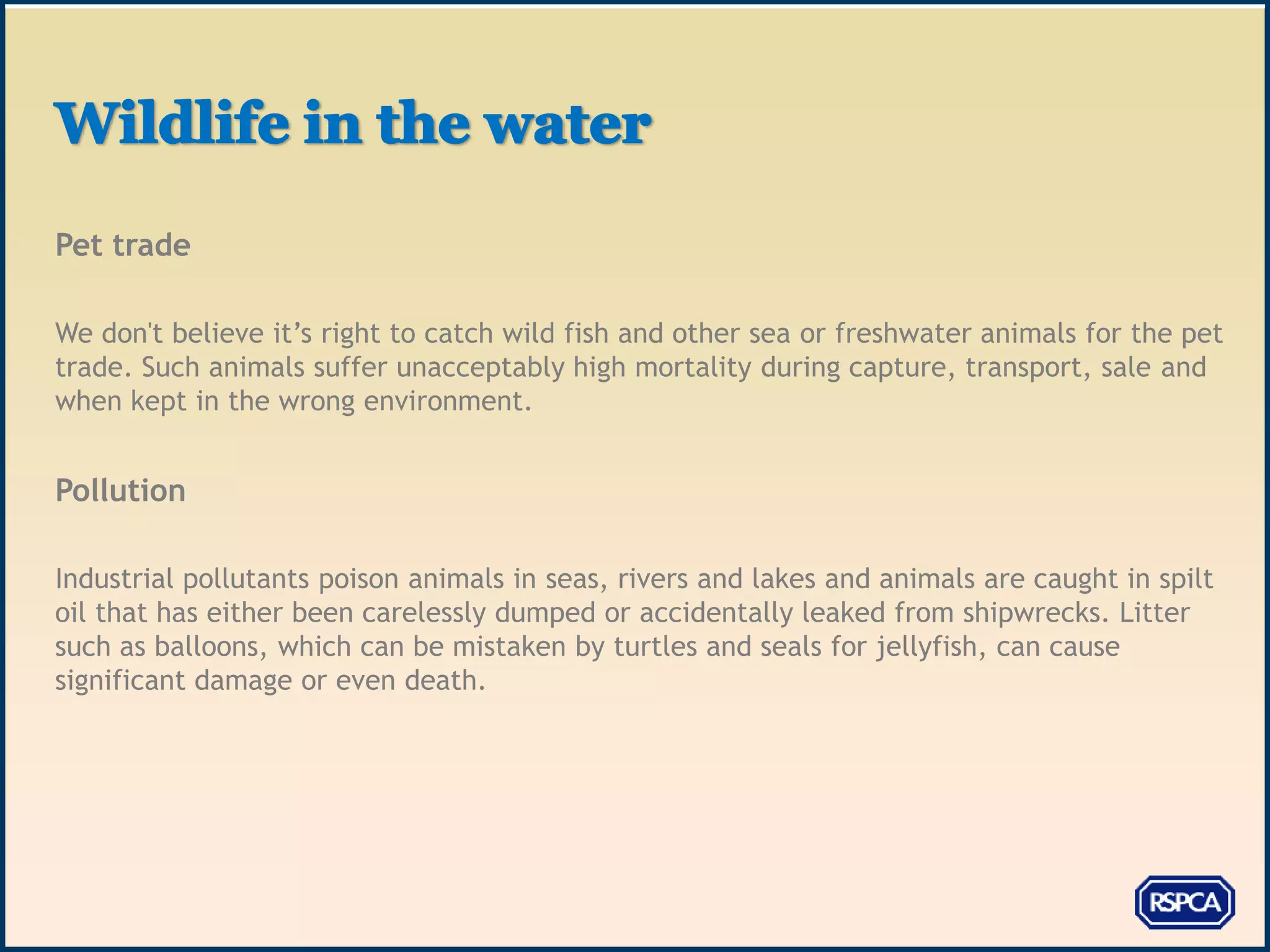 Pet trade

We don't believe it’s right to catch wild fish and other sea or freshwater animals for the pet
trade. Such animals suffer unacceptably high mortality during capture, transport, sale and
when kept in the wrong environment.


Pollution

Industrial pollutants poison animals in seas, rivers and lakes and animals are caught in spilt
oil that has either been carelessly dumped or accidentally leaked from shipwrecks. Litter
such as balloons, which can be mistaken by turtles and seals for jellyfish, can cause
significant damage or even death.
 