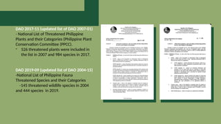 DAO 2017-11 (updated list of DAO 2007-01)
- National List of Threatened Philippine
Plants and their Categories (Philippine Plant
Conservation Committee (PPCC).
- 526 threatened plants were included in
the list in 2007 and 984 species in 2017.
DAO 2019-09 (updated list of DAO 2004-15)
-National List of Philippine Fauna
Threatened Species and their Categories
-145 threatened wildlife species in 2004
and 444 species in 2019.
 