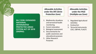 Allowable Activities
under the SPZ (Strict
Protection Zone)
1. Biodiversity situations
and terrestrial health
monitoring.
2. Forest restoration
3. Biological assessment
4. Documentaries for
public awareness and
educational purposes
5. Other Research
Purposes
RA 11038: EXPANDED
NATIONAL
INTERGRATED
PROTECTED AREAS
SYSTEM ACT OF 2018
(ENIPAS)
1. Regulated Agricultural
Activities
2. Ecotourism
3. Ternurial Instruments
(CSC, CBFMA, FLAGT)
Allowable Activities
under the MUZ
(Multiple-use Zone)
 