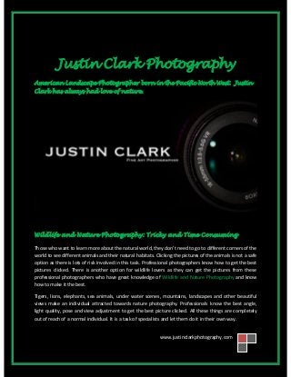 www.justinclarkphotography.com
Justin Clark Photography
American Landscape Photographer born in the Pacific North West. Justin
Clark has always had love of nature.
Wildlife and Nature Photography: Tricky and Time Consuming
Those who want to learn more about the natural world, they don’t need to go to different corners of the
world to see different animals and their natural habitats. Clicking the pictures of the animals is not a safe
option as there is lots of risk involved in this task. Professional photographers know how to get the best
pictures clicked. There is another option for wildlife lovers as they can get the pictures from these
professional photographers who have great knowledge of Wildlife and Nature Photography and know
how to make it the best.
Tigers, lions, elephants, sea animals, under water scenes, mountains, landscapes and other beautiful
views make an individual attracted towards nature photography. Professionals know the best angle,
light quality, pose and view adjustment to get the best picture clicked. All these things are completely
out of reach of a normal individual. It is a task of specialists and let them do it in their own way.
 