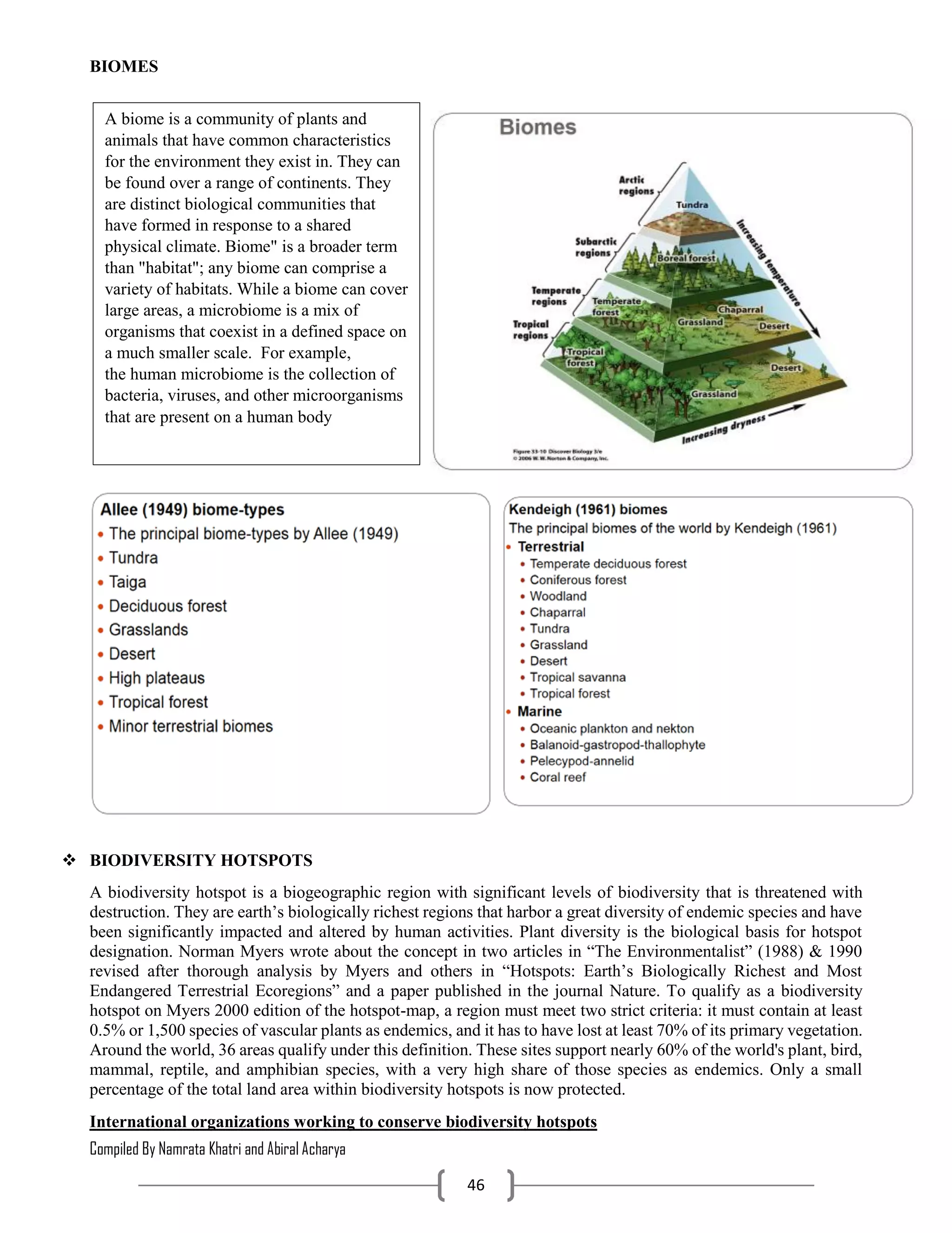Compiled By Namrata Khatri and Abiral Acharya
46
BIOMES
 BIODIVERSITY HOTSPOTS
A biodiversity hotspot is a biogeographic region with significant levels of biodiversity that is threatened with
destruction. They are earth’s biologically richest regions that harbor a great diversity of endemic species and have
been significantly impacted and altered by human activities. Plant diversity is the biological basis for hotspot
designation. Norman Myers wrote about the concept in two articles in “The Environmentalist” (1988) & 1990
revised after thorough analysis by Myers and others in “Hotspots: Earth’s Biologically Richest and Most
Endangered Terrestrial Ecoregions” and a paper published in the journal Nature. To qualify as a biodiversity
hotspot on Myers 2000 edition of the hotspot-map, a region must meet two strict criteria: it must contain at least
0.5% or 1,500 species of vascular plants as endemics, and it has to have lost at least 70% of its primary vegetation.
Around the world, 36 areas qualify under this definition. These sites support nearly 60% of the world's plant, bird,
mammal, reptile, and amphibian species, with a very high share of those species as endemics. Only a small
percentage of the total land area within biodiversity hotspots is now protected.
International organizations working to conserve biodiversity hotspots
A biome is a community of plants and
animals that have common characteristics
for the environment they exist in. They can
be found over a range of continents. They
are distinct biological communities that
have formed in response to a shared
physical climate. Biome" is a broader term
than "habitat"; any biome can comprise a
variety of habitats. While a biome can cover
large areas, a microbiome is a mix of
organisms that coexist in a defined space on
a much smaller scale. For example,
the human microbiome is the collection of
bacteria, viruses, and other microorganisms
that are present on a human body
 