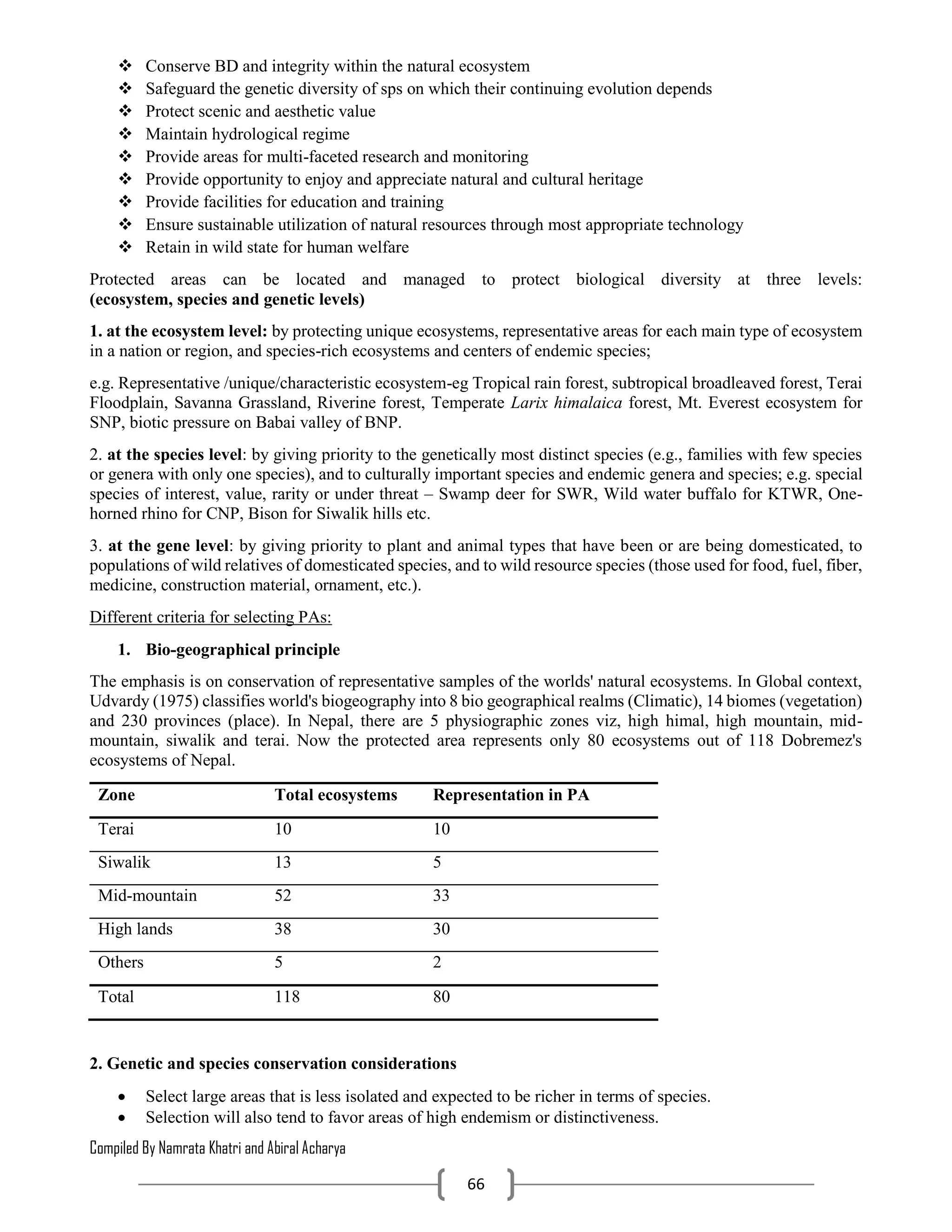 Compiled By Namrata Khatri and Abiral Acharya
66
 Conserve BD and integrity within the natural ecosystem
 Safeguard the genetic diversity of sps on which their continuing evolution depends
 Protect scenic and aesthetic value
 Maintain hydrological regime
 Provide areas for multi-faceted research and monitoring
 Provide opportunity to enjoy and appreciate natural and cultural heritage
 Provide facilities for education and training
 Ensure sustainable utilization of natural resources through most appropriate technology
 Retain in wild state for human welfare
Protected areas can be located and managed to protect biological diversity at three levels:
(ecosystem, species and genetic levels)
1. at the ecosystem level: by protecting unique ecosystems, representative areas for each main type of ecosystem
in a nation or region, and species-rich ecosystems and centers of endemic species;
e.g. Representative /unique/characteristic ecosystem-eg Tropical rain forest, subtropical broadleaved forest, Terai
Floodplain, Savanna Grassland, Riverine forest, Temperate Larix himalaica forest, Mt. Everest ecosystem for
SNP, biotic pressure on Babai valley of BNP.
2. at the species level: by giving priority to the genetically most distinct species (e.g., families with few species
or genera with only one species), and to culturally important species and endemic genera and species; e.g. special
species of interest, value, rarity or under threat – Swamp deer for SWR, Wild water buffalo for KTWR, One-
horned rhino for CNP, Bison for Siwalik hills etc.
3. at the gene level: by giving priority to plant and animal types that have been or are being domesticated, to
populations of wild relatives of domesticated species, and to wild resource species (those used for food, fuel, fiber,
medicine, construction material, ornament, etc.).
Different criteria for selecting PAs:
1. Bio-geographical principle
The emphasis is on conservation of representative samples of the worlds' natural ecosystems. In Global context,
Udvardy (1975) classifies world's biogeography into 8 bio geographical realms (Climatic), 14 biomes (vegetation)
and 230 provinces (place). In Nepal, there are 5 physiographic zones viz, high himal, high mountain, mid-
mountain, siwalik and terai. Now the protected area represents only 80 ecosystems out of 118 Dobremez's
ecosystems of Nepal.
Zone Total ecosystems Representation in PA
Terai 10 10
Siwalik 13 5
Mid-mountain 52 33
High lands 38 30
Others 5 2
Total 118 80
2. Genetic and species conservation considerations
 Select large areas that is less isolated and expected to be richer in terms of species.
 Selection will also tend to favor areas of high endemism or distinctiveness.
 