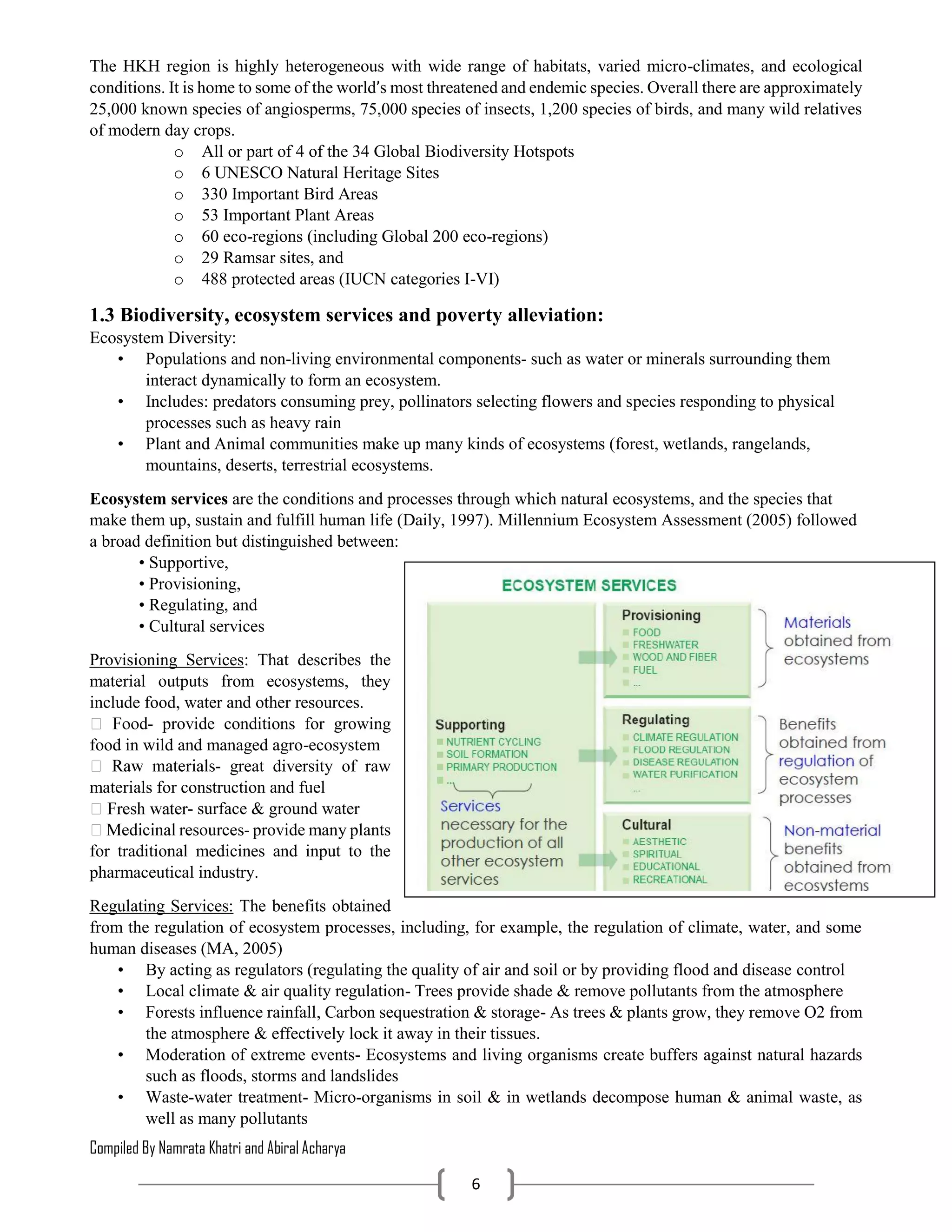Compiled By Namrata Khatri and Abiral Acharya
6
The HKH region is highly heterogeneous with wide range of habitats, varied micro-climates, and ecological
conditions. It is home to some of the world’s most threatened and endemic species. Overall there are approximately
25,000 known species of angiosperms, 75,000 species of insects, 1,200 species of birds, and many wild relatives
of modern day crops.
o All or part of 4 of the 34 Global Biodiversity Hotspots
o 6 UNESCO Natural Heritage Sites
o 330 Important Bird Areas
o 53 Important Plant Areas
o 60 eco-regions (including Global 200 eco-regions)
o 29 Ramsar sites, and
o 488 protected areas (IUCN categories I-VI)
1.3 Biodiversity, ecosystem services and poverty alleviation:
Ecosystem Diversity:
• Populations and non-living environmental components- such as water or minerals surrounding them
interact dynamically to form an ecosystem.
• Includes: predators consuming prey, pollinators selecting flowers and species responding to physical
processes such as heavy rain
• Plant and Animal communities make up many kinds of ecosystems (forest, wetlands, rangelands,
mountains, deserts, terrestrial ecosystems.
Ecosystem services are the conditions and processes through which natural ecosystems, and the species that
make them up, sustain and fulfill human life (Daily, 1997). Millennium Ecosystem Assessment (2005) followed
a broad definition but distinguished between:
• Supportive,
• Provisioning,
• Regulating, and
• Cultural services
Provisioning Services: That describes the
material outputs from ecosystems, they
include food, water and other resources.
- provide conditions for growing
food in wild and managed agro-ecosystem
- great diversity of raw
materials for construction and fuel
- surface & ground water
- provide many plants
for traditional medicines and input to the
pharmaceutical industry.
Regulating Services: The benefits obtained
from the regulation of ecosystem processes, including, for example, the regulation of climate, water, and some
human diseases (MA, 2005)
• By acting as regulators (regulating the quality of air and soil or by providing flood and disease control
• Local climate & air quality regulation- Trees provide shade & remove pollutants from the atmosphere
• Forests influence rainfall, Carbon sequestration & storage- As trees & plants grow, they remove O2 from
the atmosphere & effectively lock it away in their tissues.
• Moderation of extreme events- Ecosystems and living organisms create buffers against natural hazards
such as floods, storms and landslides
• Waste-water treatment- Micro-organisms in soil & in wetlands decompose human & animal waste, as
well as many pollutants
 