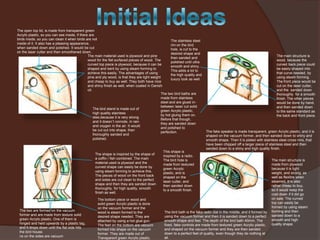 The open top lid, is made from transparent green
Acrylic plastic, so you can see inside, if there are
birds inside, so you can clean it when birds are not
The stainless steel
inside of it. It also has a pleasing appearance,
rim on the bird
when sanded down and polished. It would be cut
hole, is cut to the
on the laser cutter and then smoothened down.
desired shape and
The main material used is plywood and pine
then sanded and
wood for the flat surfaced pieces of wood. The
polished until ultra
curved top piece is plywood, because it can be
smooth and shiny.
shaped and bent by using steam forming to
This adds a lot to
achieve this easily. The advantages of using
the high quality and
pine and ply wood, is that they are light weight
luxury look as well.
and cheap to buy as well. They both have nice
and shiny finish as well, when coated in Danish
oil.
The two bird baths are
made from stainless
steel and are glued inbetween laser cut solid
The bird stand is made out of
green Acrylic plastic,
high quality stainless
by hot gluing them on.
stee,because it is very strong
Before that though,
and it doesn`t corrode, in rain
they are sanded down
and oxygen in the air. It would
and polished to
be cut out into shape, then
perfection.
thoroughly sanded and
polished.

The shape is inspired by the shape of
a coffin / fish combined. The main
material used is plywood and the
curved shape can easily be done by
using steam forming to achieve this.
The pieces of wood on the front back
and sides are cut clean to the perfect
shape and then they are sanded down
thoroughly, for high quality, smooth
finish as well.

The two are formed on the vacuum
former and are made from texture solid
green Acrylic plastic. One of them is
hinged and held upwards by a plastic tag,
and it drops down until the flat side hits
the bird house.
ns on the sides are vacuum

The bottom piece or wood and
solid green Acrylic plastic is done
on the vacuum former and the
wood is steam formed to the
desired shape needed. They are
attached by using a hot glue gun.
The feet on the bottom are vacuum
formed into shape on the vacuum
former. They are made out of
Transparent green Acrylic plastic.

This shape is
inspired by a radio.
The bird hole is
made from textured
green Acrylic
plastic, and is
shaped on the
laser cutter, and
then sanded down
to a smooth finish.

The main structure is
wood, because the
curved back piece could
be easily shaped into
that curve needed, by
using steam forming.
The front piece would be
cut on the laser cutter,
and the sanded down
thoroughly for a smooth
finish. The other pieces
would be done by hand,
and then sanded down
to the same standard as
the back and front piece.

The fake speaker is made transparent, green Acrylic plastic, and it is
shaped on the vacuum former, and then sanded down to shiny and
smooth shape. Then it is plated with stainless steel cross rims, that
have been chipped off a larger piece of stainless steel and then
sanded down to a shiny and high quality finish.

The bird bath is the fake radio dial in the middle, and it formed by
using the vacuum former and then it is sanded down to a perfect
smooth shape and feel. The depth of the bird bath 40mm. The
fixed, fake controls are made from textured green Acrylic plastic,
and shaped on the vacuum former and they are then sanded
down to a perfect feel of quality, even though they do nothing at
all.

The main structure is
made from plywood
because it is light
weight, and strong, as
well as flexible when
steamed. It is also
rather cheap to buy,
so it would keep the
cost down if it did go
on sale. The curved
top can easily be
formed by using steam
forming and then
sanded down to a
smooth and high
quality shape.

 