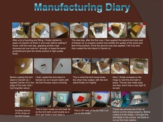 After a lot of sanding and filling, I finally started to
apply my Danish oil finish in one coat, before waiting 6
hours, until the next day, applying another coat,
because just one coat isn`t enough, to keep the wood
protected and give the whole product a high quality
finish.

Before coating the bird I then coated the bird stand in
stand in Danish oil, I
Danish oil, so it would match with
applied Danish oil to the the bird houses colour correctly.
edge of the hole, that I
had forgotten about.

Another picture
of the hinge on
my bird house.

This is how I made my bird bath lid
so the bird bath could double as a
lid to get inside it and clean it.

The next day, after the first coat, I then applied the second and last coat
of Danish oil, to properly protect and solidify the quality of the wood and
feel of the product. Once the second coat was applied, I let it dry and
then coated the bird stand in Danish oil.

This is what the bird house looks
like when fully coated, with the bird
stand finally on it tightly.

This is 3D view of the lid, that I cut
out on the router.

Next, I finally screwed on the
hinge to hold the bird bath in
place. The job was really easy
and fast, and it has a very tight fit
as well.

These two pictures are of the lid
before cut into shape properly. Before
cutting out the shape, I changed the
drill blade to the correct, flat blade to
cut out the hole needed.

 