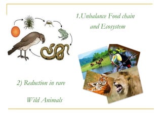 1) 1.Unbalance Food chain
and Ecosystem
2) Reduction in rare
Wild Animals
 
