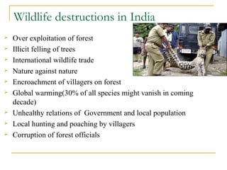 Wildlife destructions in India
 Over exploitation of forest
 Illicit felling of trees
 International wildlife trade
 Nature against nature
 Encroachment of villagers on forest
 Global warming(30% of all species might vanish in coming
decade)
 Unhealthy relations of Government and local population
 Local hunting and poaching by villagers
 Corruption of forest officials
 