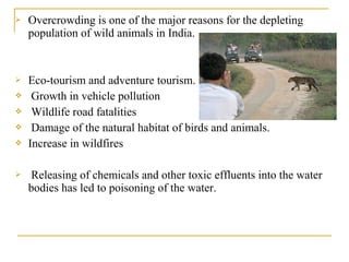  Overcrowding is one of the major reasons for the depleting
population of wild animals in India.
 Eco-tourism and adventure tourism.
 Growth in vehicle pollution
 Wildlife road fatalities
 Damage of the natural habitat of birds and animals.
 Increase in wildfires
 Releasing of chemicals and other toxic effluents into the water
bodies has led to poisoning of the water.
 