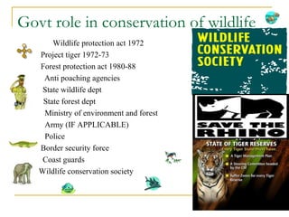 Govt role in conservation of wildlife
Wildlife protection act 1972
Project tiger 1972-73
Forest protection act 1980-88
A Anti poaching agencies
State wildlife dept
St State forest dept
Ministry of environment and forest
Army (IF APPLICABLE)
Police
Border security force
Coast guards
Wildlife conservation society
 
