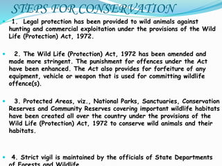 STEPS FOR CONSERVATION
 1. Legal protection has been provided to wild animals against
hunting and commercial exploitation under the provisions of the Wild
Life (Protection) Act, 1972.
 2. The Wild Life (Protection) Act, 1972 has been amended and
made more stringent. The punishment for offences under the Act
have been enhanced. The Act also provides for forfeiture of any
equipment, vehicle or weapon that is used for committing wildlife
offence(s).
 3. Protected Areas, viz., National Parks, Sanctuaries, Conservation
Reserves and Community Reserves covering important wildlife habitats
have been created all over the country under the provisions of the
Wild Life (Protection) Act, 1972 to conserve wild animals and their
habitats.
 4. Strict vigil is maintained by the officials of State Departments
 