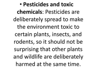 • Pesticides and toxic
chemicals: Pesticides are
deliberately spread to make
the environment toxic to
certain plants, insects, and
rodents, so it should not be
surprising that other plants
and wildlife are deliberately
harmed at the same time.
 