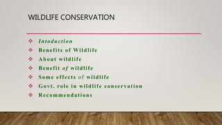 WILDLIFE CONSERVATION
 Intoduction
 Benefits of Wildlife
 About wildlife
 Benefit of wildlife
 Some effects of wildlife
 Govt. role in wildlife conservation
 Recommendations

 