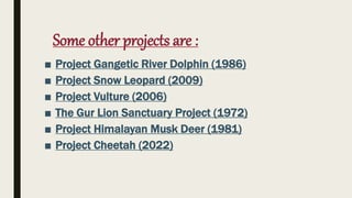 Some other projects are :
■ Project Gangetic River Dolphin (1986)
■ Project Snow Leopard (2009)
■ Project Vulture (2006)
■ The Gur Lion Sanctuary Project (1972)
■ Project Himalayan Musk Deer (1981)
■ Project Cheetah (2022)
 