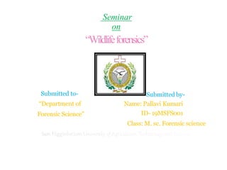 Seminar
on
“Wildlifeforensics”
Submitted by-
Submitted to-
“Department of
Forensic Science”
Name: Pallavi Kumari
ID- 19MSFS001
Class: M. sc. Forensic science
 
