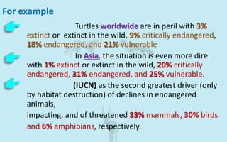 For example
Turtles worldwide are in peril with 3%
extinct or extinct in the wild, 9% critically endangered,
18% endangered, and 21% vulnerable
In Asia, the situation is even more dire
with 1% extinct or extinct in the wild, 20% critically
endangered, 31% endangered, and 25% vulnerable.
(IUCN) as the second greatest driver (only
by habitat destruction) of declines in endangered
animals,
impacting, and of threatened 33% mammals, 30% birds
and 6% amphibians, respectively.
 