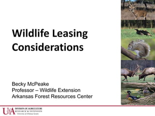 Wildlife Leasing
Considerations
Becky McPeake
Professor – Wildlife Extension
Arkansas Forest Resources Center
 