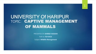 UNIVERSITY Of HARIPUR
TOPIC: CAPTIVE MANAGEMENT
OF MAMMALS
PRESENTED BY AHMED HASSAN
Roll no: f19-0425
Subject: Wildlife Management
1
 