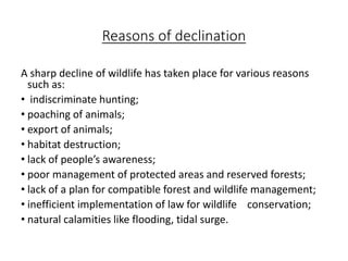 Reasons of declination
A sharp decline of wildlife has taken place for various reasons
such as:
• indiscriminate hunting;
• poaching of animals;
• export of animals;
• habitat destruction;
• lack of people’s awareness;
• poor management of protected areas and reserved forests;
• lack of a plan for compatible forest and wildlife management;
• inefficient implementation of law for wildlife conservation;
• natural calamities like flooding, tidal surge.
 