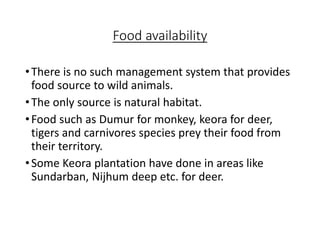 Food availability
•There is no such management system that provides
food source to wild animals.
•The only source is natural habitat.
•Food such as Dumur for monkey, keora for deer,
tigers and carnivores species prey their food from
their territory.
•Some Keora plantation have done in areas like
Sundarban, Nijhum deep etc. for deer.
 