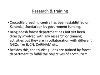 Research & training
•Crocodile breeding centre has been established on
Karamjal, Sundarban by government funding.
•Bangladesh forest department has not yet been
directly involved with any research or training
activities but they are in collaboration with different
NGOs like IUCN, CARINAM etc.
•Besides this, the tourist guides are trained by forest
department to fulfill the objectives of ecotourism.
 